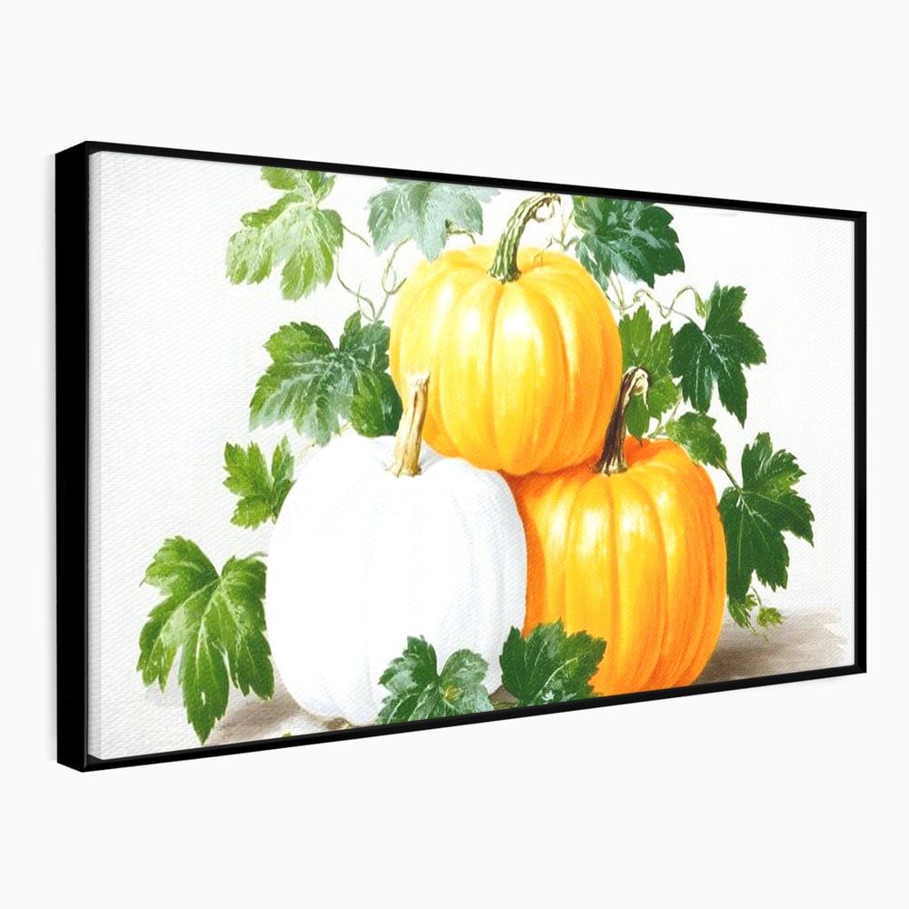 Tablou canvas cu pictura decorativa cu trei dovleci, in rama de aluminiu negru